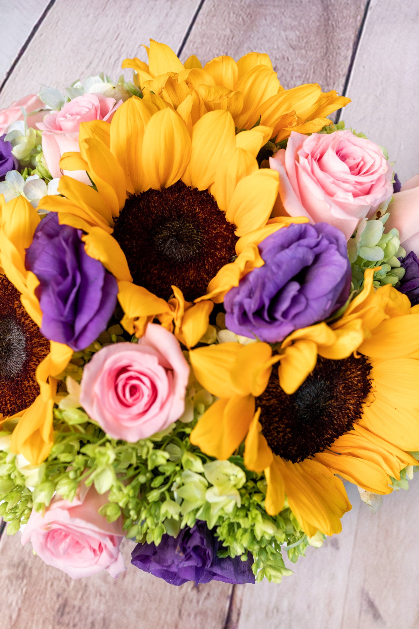 Sunflower Basket - Sunflower, Light Rose and Green Hydrangea