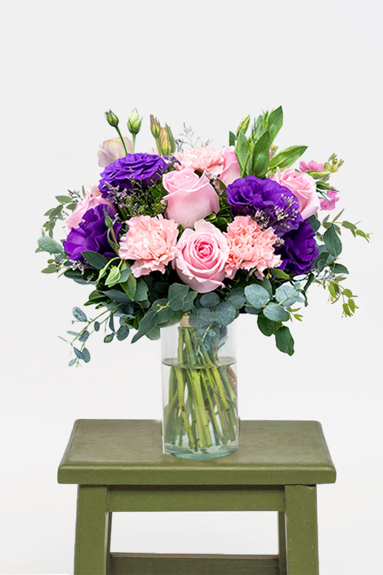 Nobleza - Rosa Clarita, Lisianthus Morado y Clavel Rosa MER