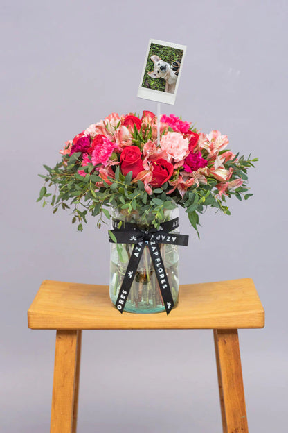 Enamorados con Foto Personalizada - Rosa Roja y Astromelia Rosa