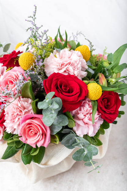 Viva la Vida // Red Rose, Light Rose, and Pink Carnation in a Fishbowl