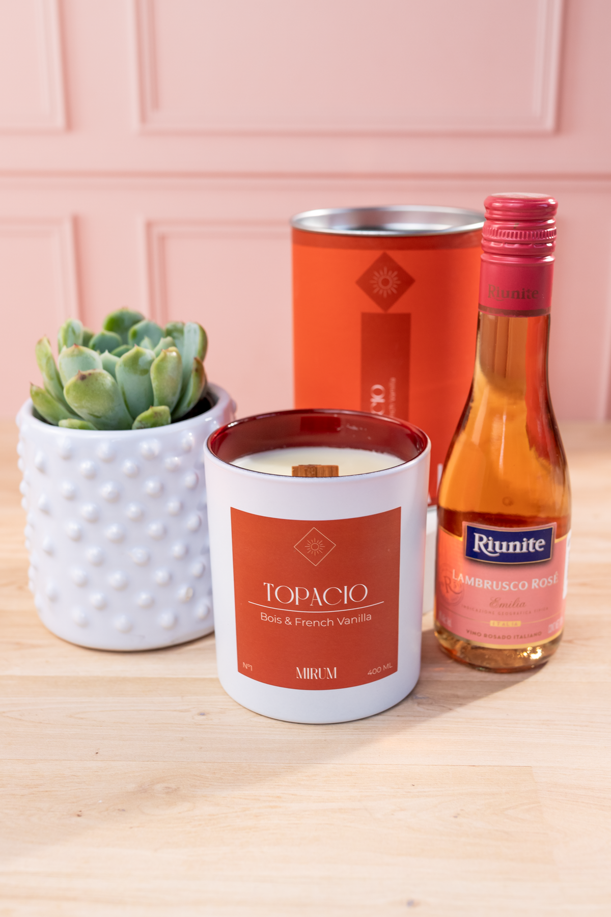 Kit Vela Mirium Topacio - Vino Rosado + Suculenta