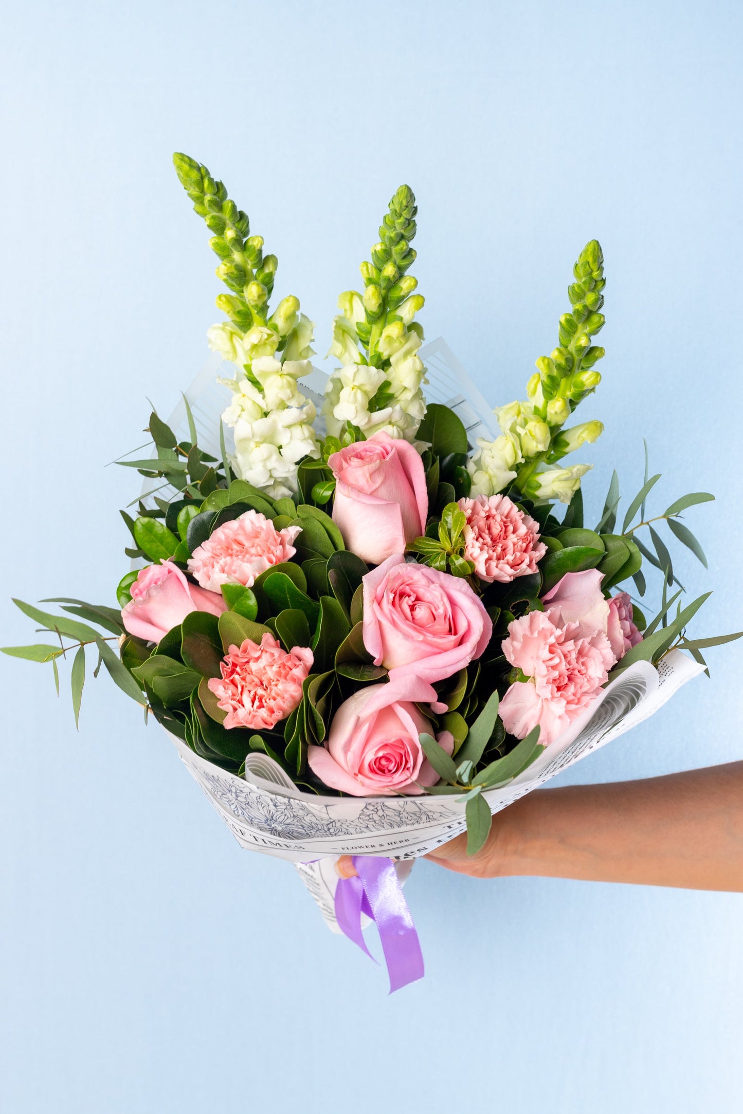 Pink Field Bouquet - Clear Rose, Pink Carnation and White Dog ENS