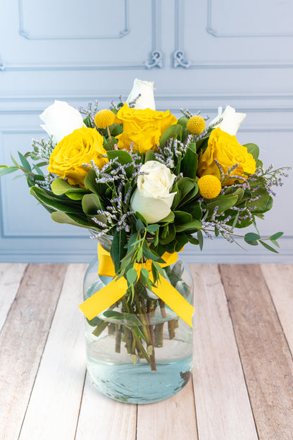 Mimosa - Rosa Amarilla Eterna con Rosa Blanca y Craspedia GDL