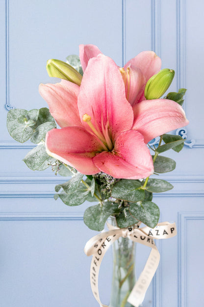 Sea Breeze - 1 Pink Lilium in a Violet Pot. APO