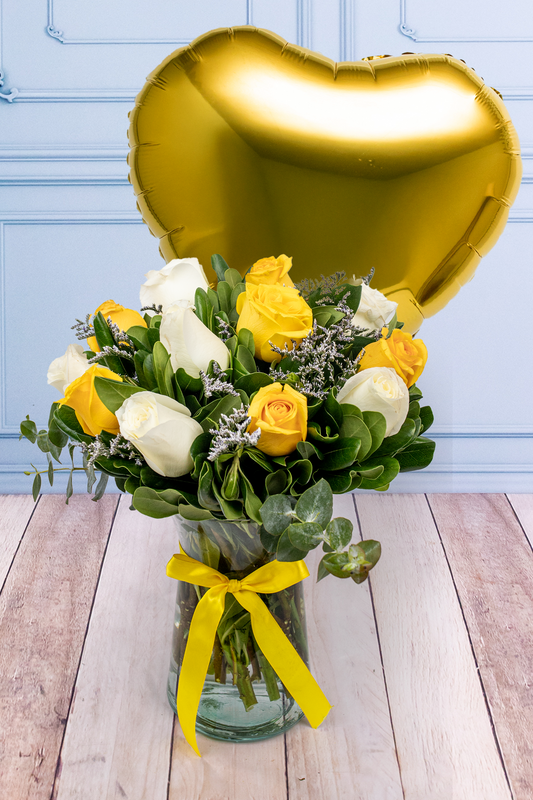 Globo Corazón Amarillo con Mediodía - Rosa Amarilla y Rosa Blanca | Azap 21S
