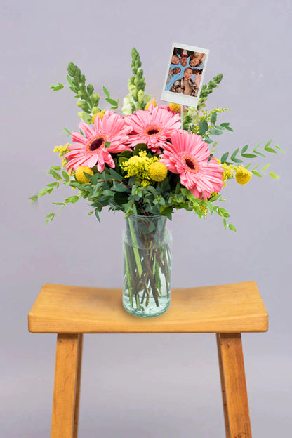 Optimistic - Pink Gerbera and White Dog with Personalized Photo Cun