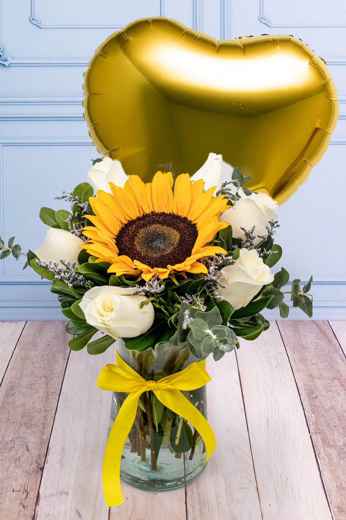 Globo Corazón Amarillo Puesta de Sol - 1 Girasol y Rosa Blanca | Azap 21S