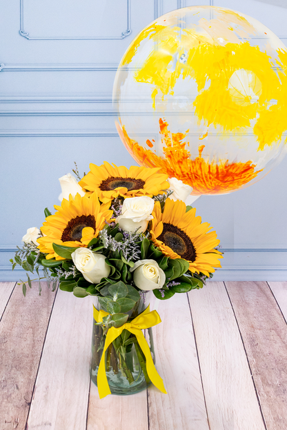 Globo Explosión Amarillo con Sol Radiante - 3 Girasoles y Rosa Blanca | Azap 21S