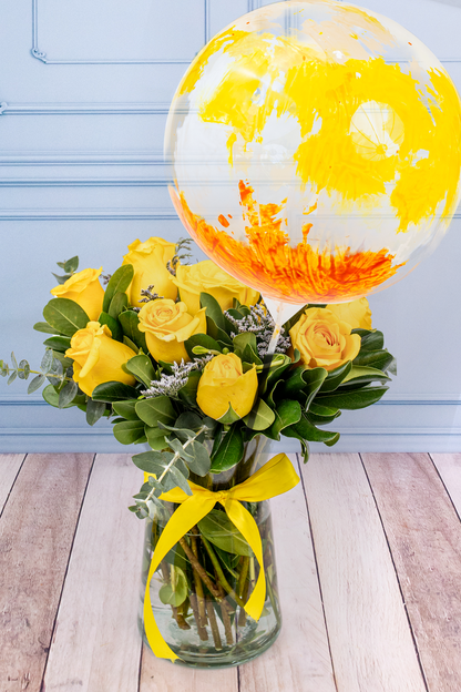 Globo Explosión Amarillo con Suspiro de Sol - 12 Rosas Amarillas | Azap 21S