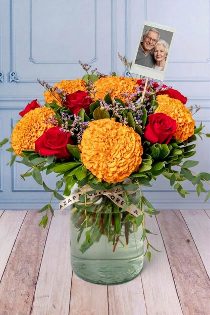 Fiesta Eterna - Cempasúchil y Rosa Roja con Foto Personalizada