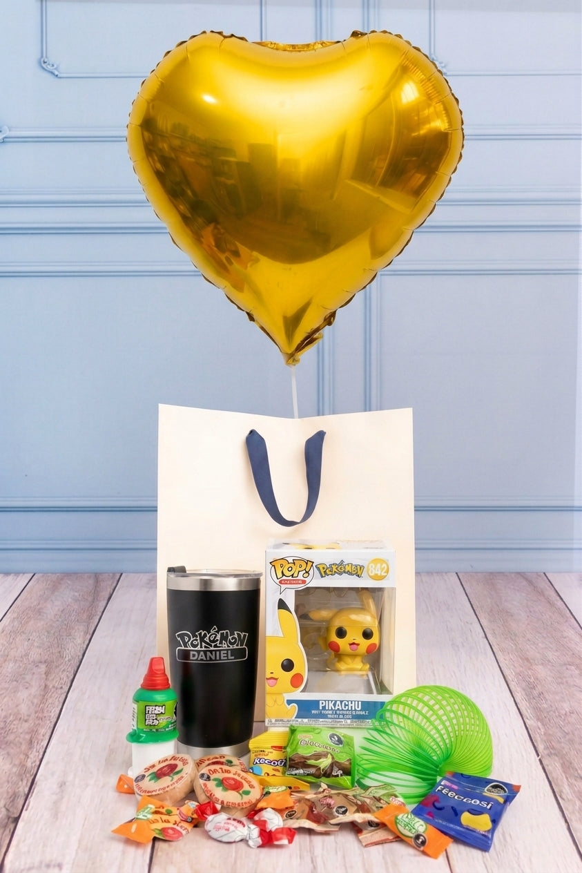 Kit Pokémon - con Termo Personalizado y Globo Corazón Amarillo | Azap 21S